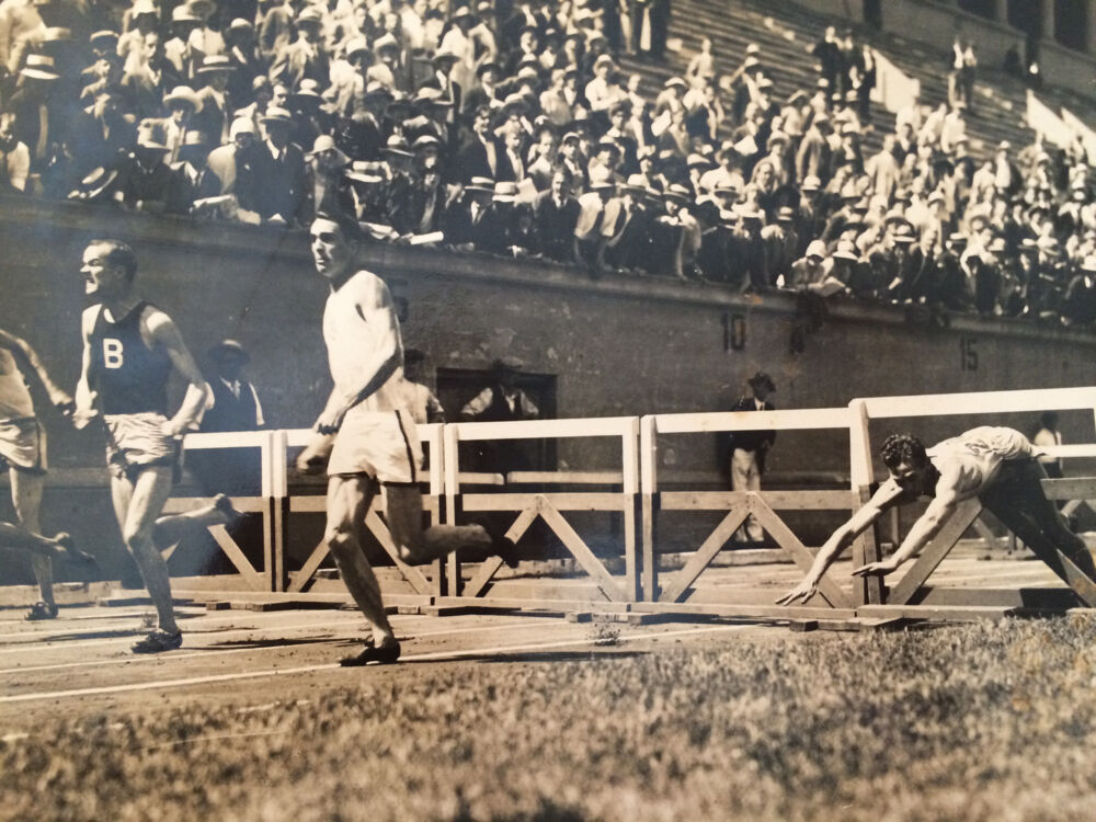 Finish of 110-meter Hurdle race with Stephen E Anderson of Washington University first.