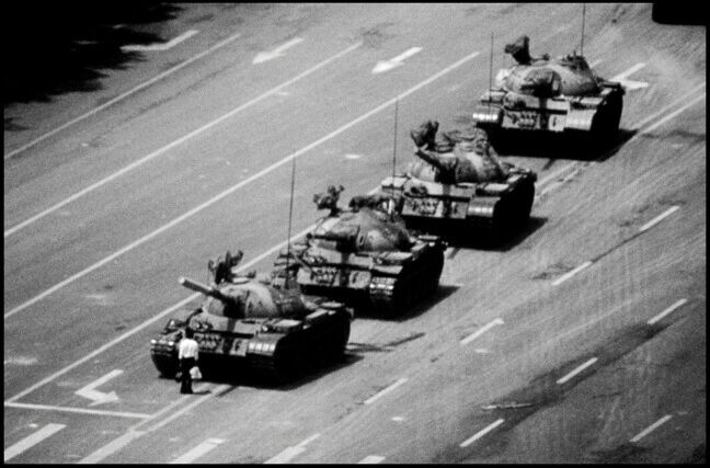 The Tank man, stopping the column of T59 tanks, 4th June 1989, Tiananmen Square, Beijing, China